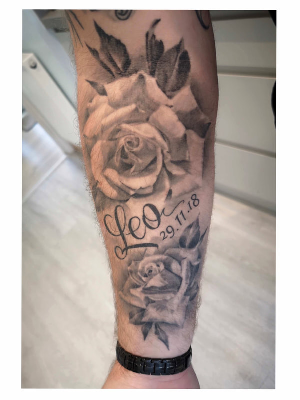 oses, rose tattoo, name tattoo, art, forearm tattoo, realism, realistic tattoo, Jolene Sherrard, tattoo,