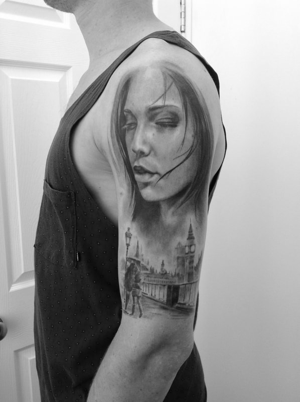 London scene tattoo, women tattoo, female portrait tattoo, realistic tattoo, 
Portrait tattoos,
Jolene Sherrard, tattoo,