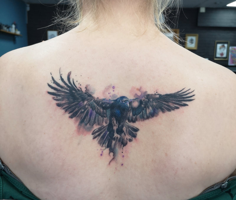 Watercolour bird tattoo, 
Tattoo, bird tattoo, colour tattoo, raven tattoo birds,
Jolene Sherrard, tattoo, 
