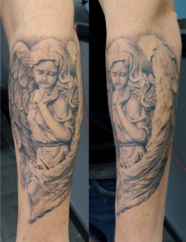 Angel tattoo, forearm tattoo, black and grey tattoo, realistic tattoo, Jolene Sherrard, tattoo,


