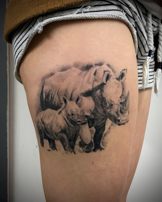 Rhino tattoo, portrait tattoo, black and grey tattoo, realistic tattoo, thigh tattoo, tattoo, Bournemouth tattoo, poole tattoo, Jolene Sherrard, tattoo,