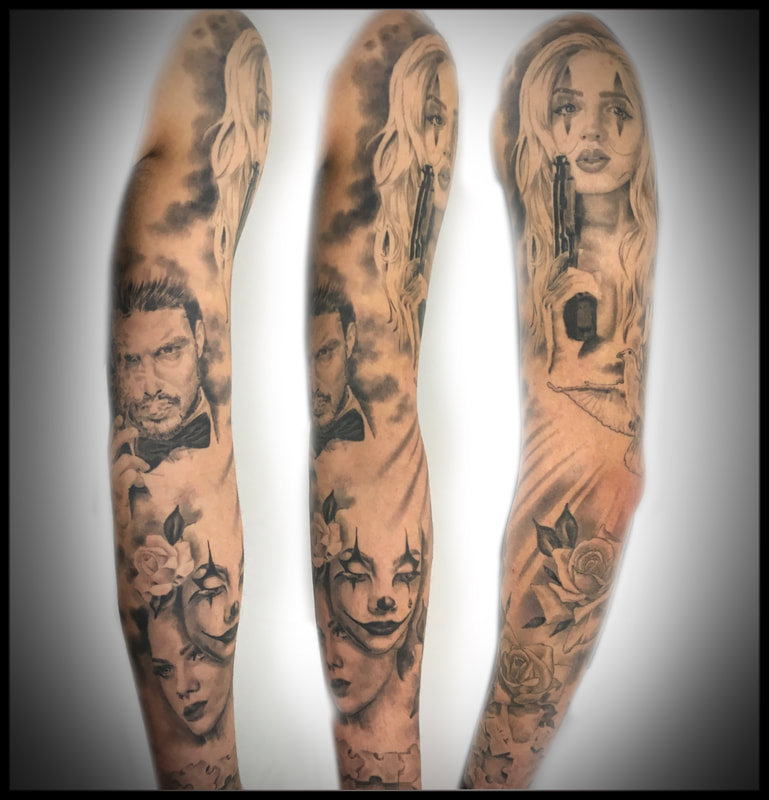 leeve tattoos, sleeve tattoo, lowrider sleeve tattoo, gangster tattoo, black and grey sleeve tattoo, Jolene Sherrard, tattoo,