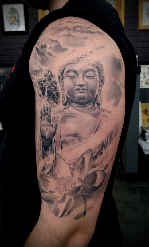 Bhudda tattoo, lotus tattoo, arm tattoo, Bhudda theme, Bhudda, Jolene Sherrard, tattoo,