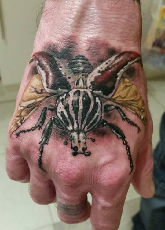 Beetle tattoo, Goliath beetle, hand tattoo, colour tattoo, tattoo magazine, Jolene Sherrard, tattoo,
