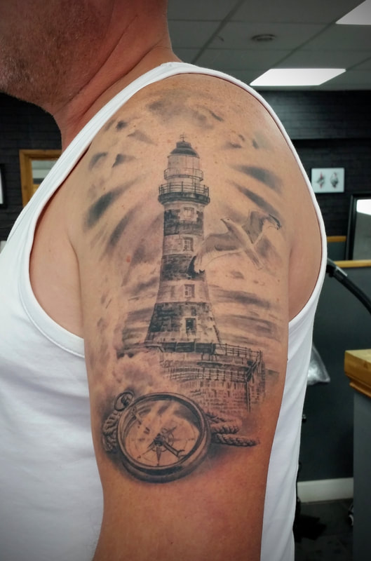 Lighthouse tattoo, lighthouse, portrait, 
Portrait tattoo, realism, realistic tattoo, art, black and grey tattoo, Jolene Sherrard, tattoo,