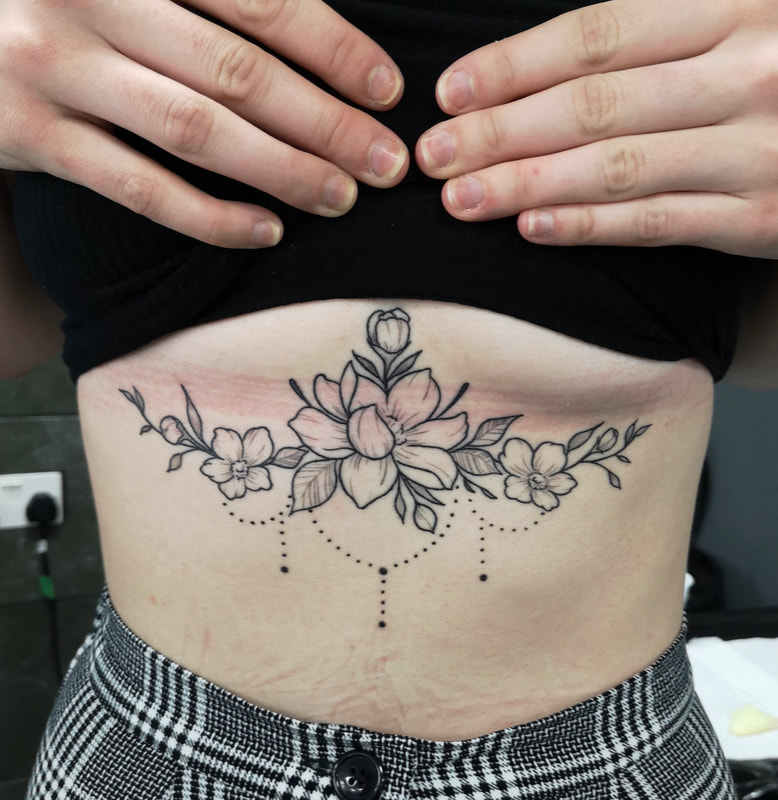 Underboob, underboob tattoo, sternum tattoo, girly tattoo, floral tattoo, linework tattoo, illustration, Jolene Sherrard, tattoo,